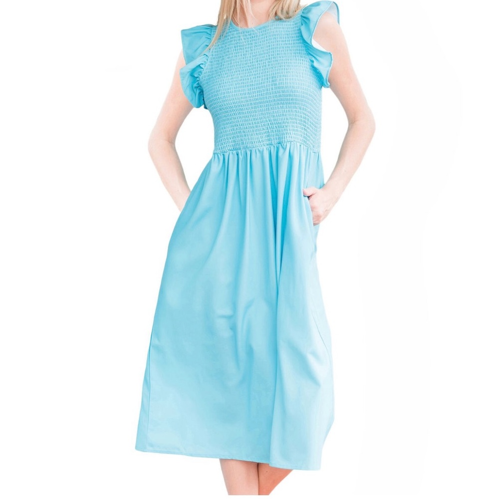 NWOT Michelle McDowell Teal Smocked Ruffle Sleeve Midi Dress w Pockets Sz XL